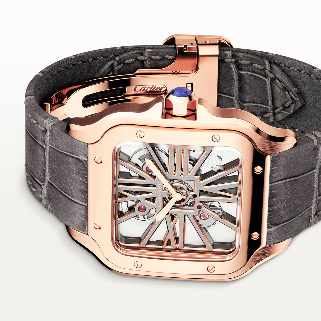 Santos de Cartier Large 18ct Rose Gold Skeleton Dial Strap Watch