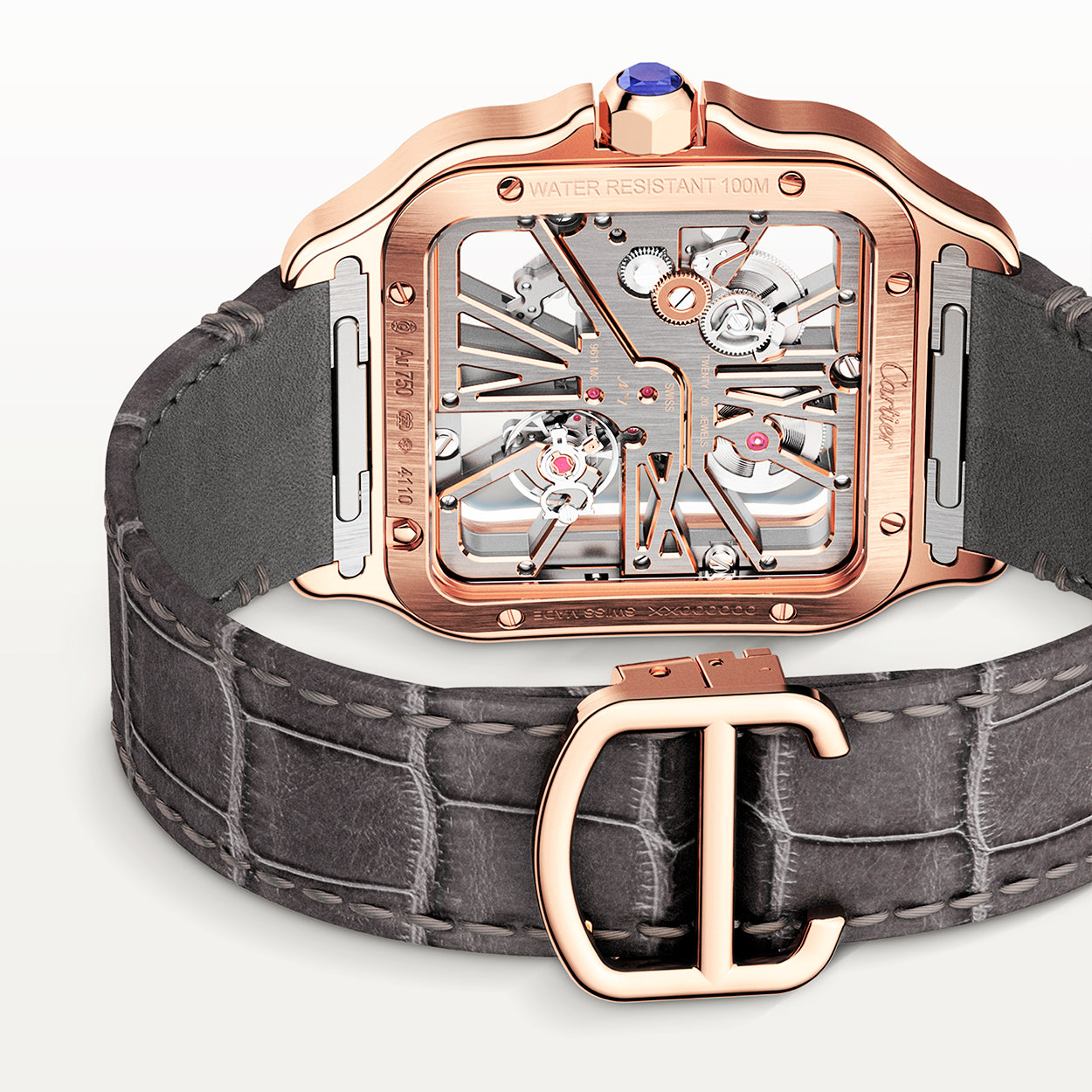 Santos de Cartier Large 18ct Rose Gold Skeleton Dial Strap Watch