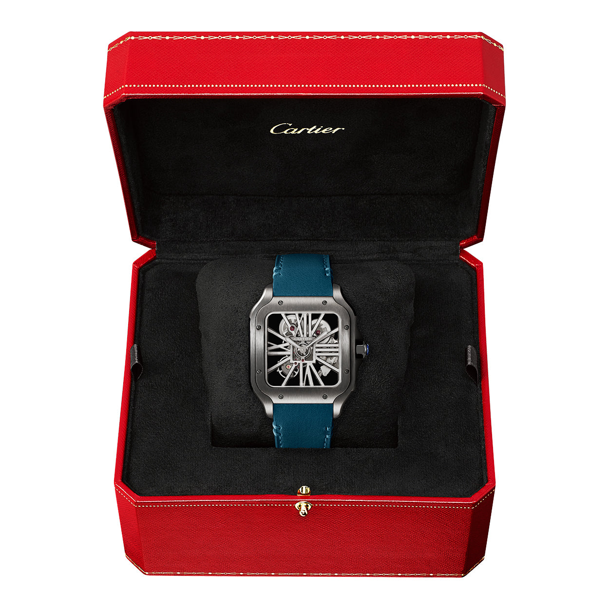 Santos de Cartier Large Skeleton Black ADLC Blue Strap Watch