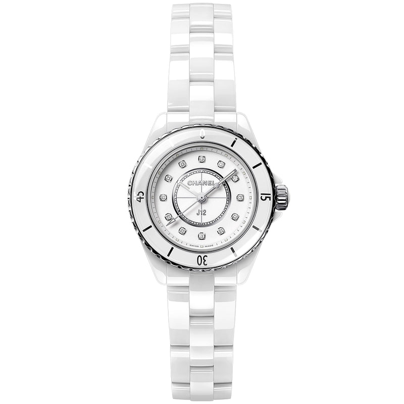 CHANEL J12 28mm White Ceramic Ladies Diamond Dial Watch - Berry's Jewellers