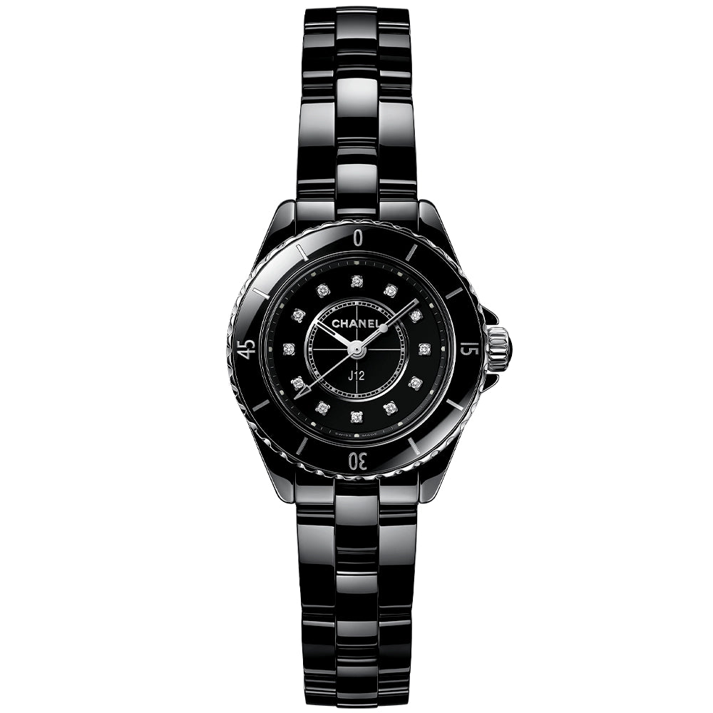 CHANEL J12 28mm Black Ceramic Ladies Diamond Dial Watch - Berry's Jewellers
