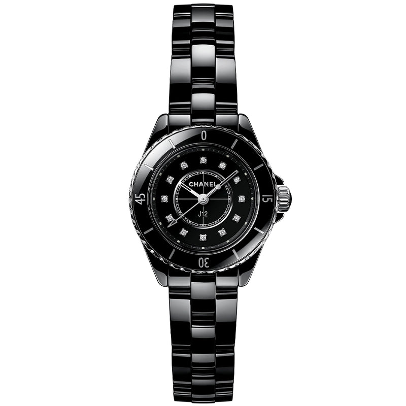 CHANEL J12 28mm Black Ceramic Ladies Diamond Dial Watch - Berry's Jewellers