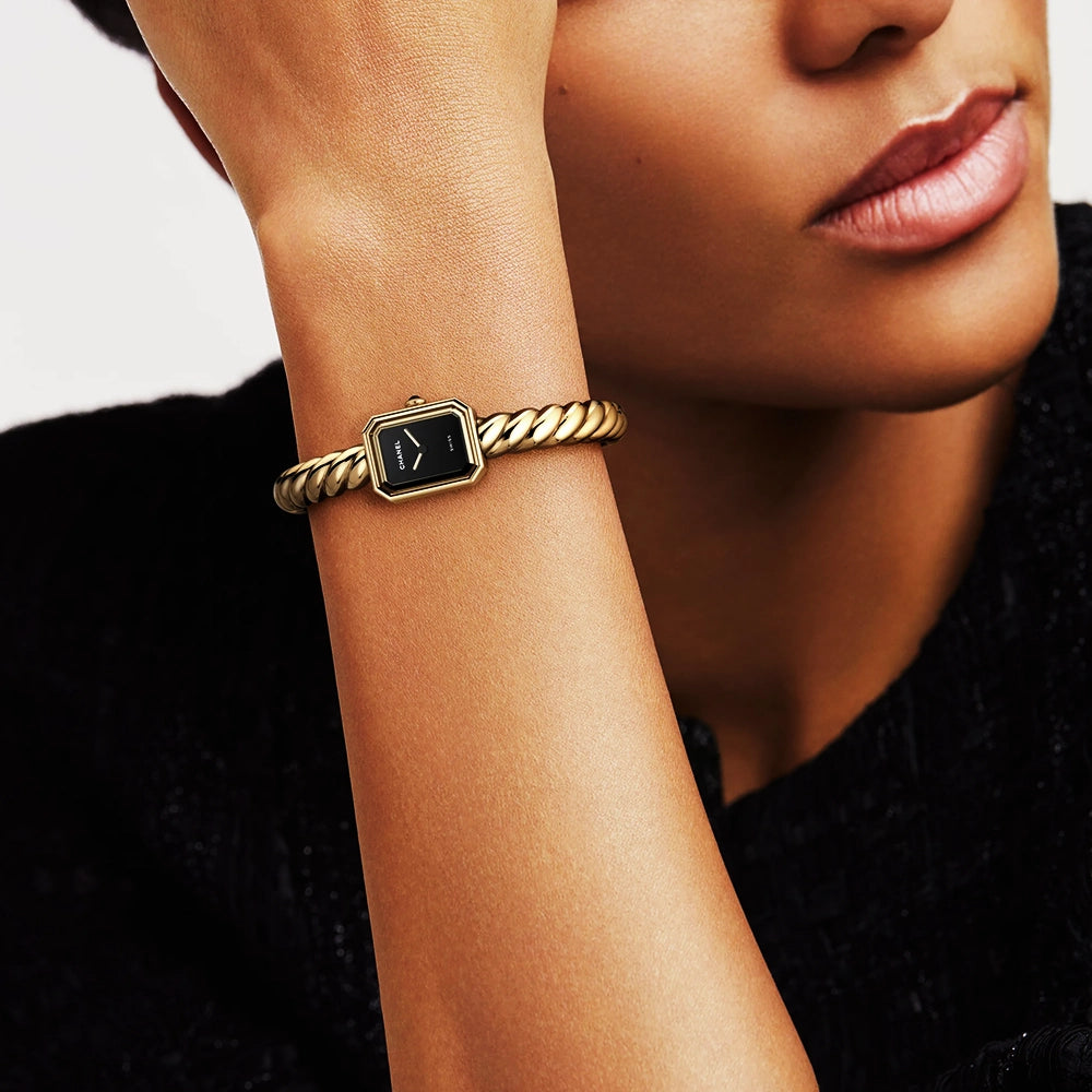 CHANEL PREMIERE Galon 18ct Yellow Gold Black Dial Medium Bangle Watch - Berry's Jewellers