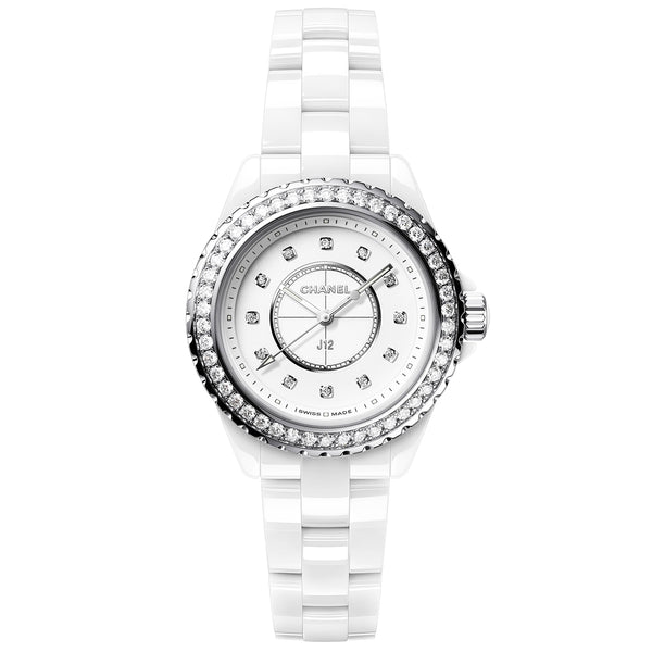 CHANEL J12 White Ceramic 33mm Diamond Dial Ladies Bracelet Watch - Berry's Jewellers