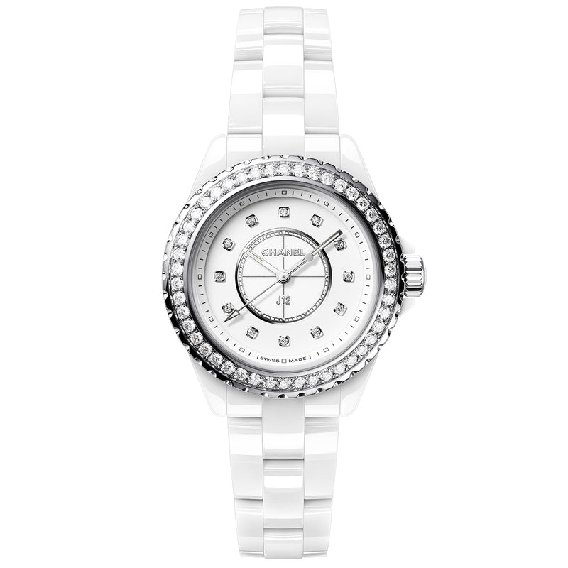 CHANEL J12 White Ceramic 33mm Diamond Dial Ladies Bracelet Watch - Berry's Jewellers