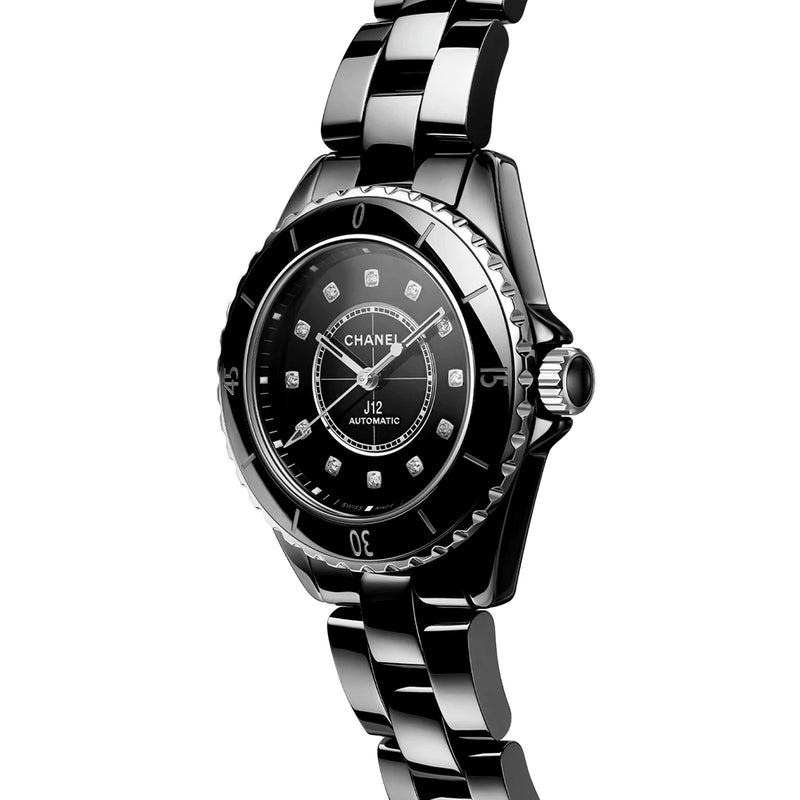 CHANEL J12 33mm Black Ceramic Ladies Diamond Dial Automatic Watch - Berry's Jewellers