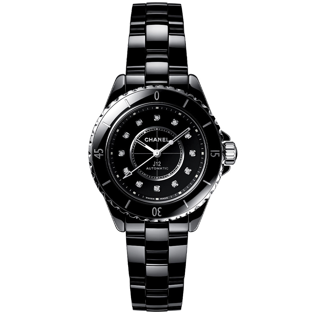 CHANEL J12 33mm Black Ceramic Ladies Diamond Dial Automatic Watch - Berry's Jewellers