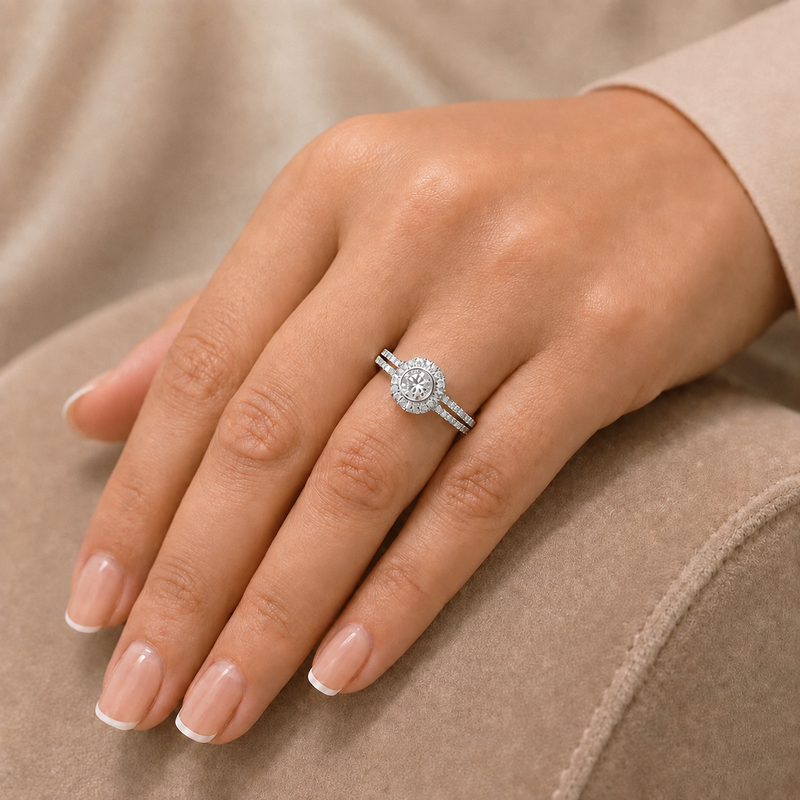 18ct White Gold Round Brilliant Cut 0.58 Carat Diamond Rub Over Set Single Stone Ring With Pave Surround And Shoulders
