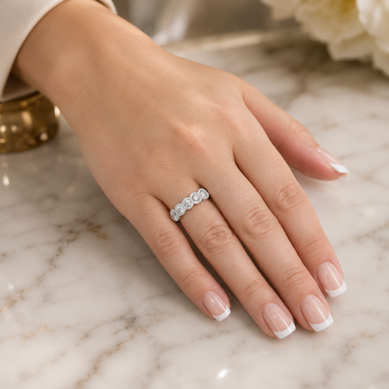 Platinum Diamond Five Stone Halo Set Half Eternity Ring