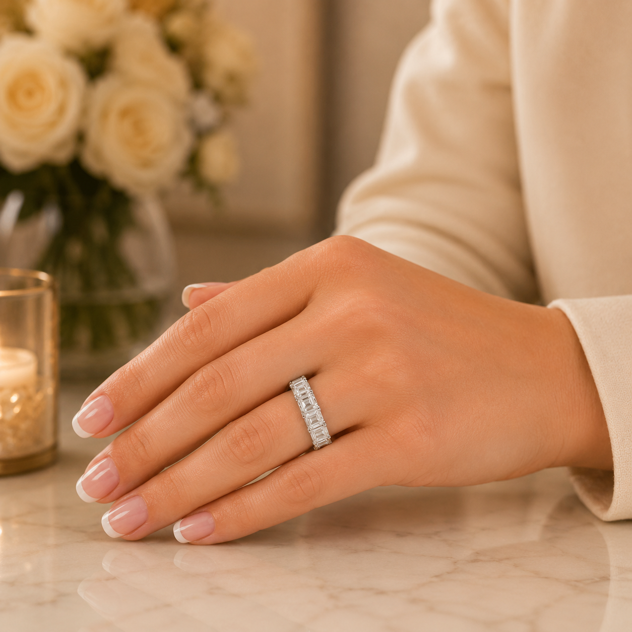 Platinum Emerald Cut Diamond Five Stone Eternity Ring