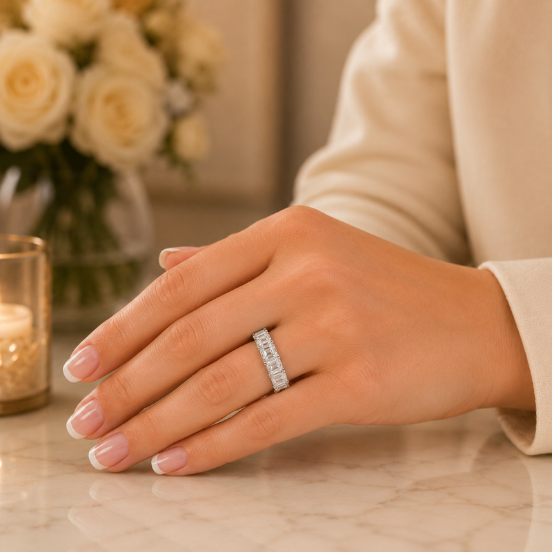 Platinum Emerald Cut Diamond Five Stone Eternity Ring