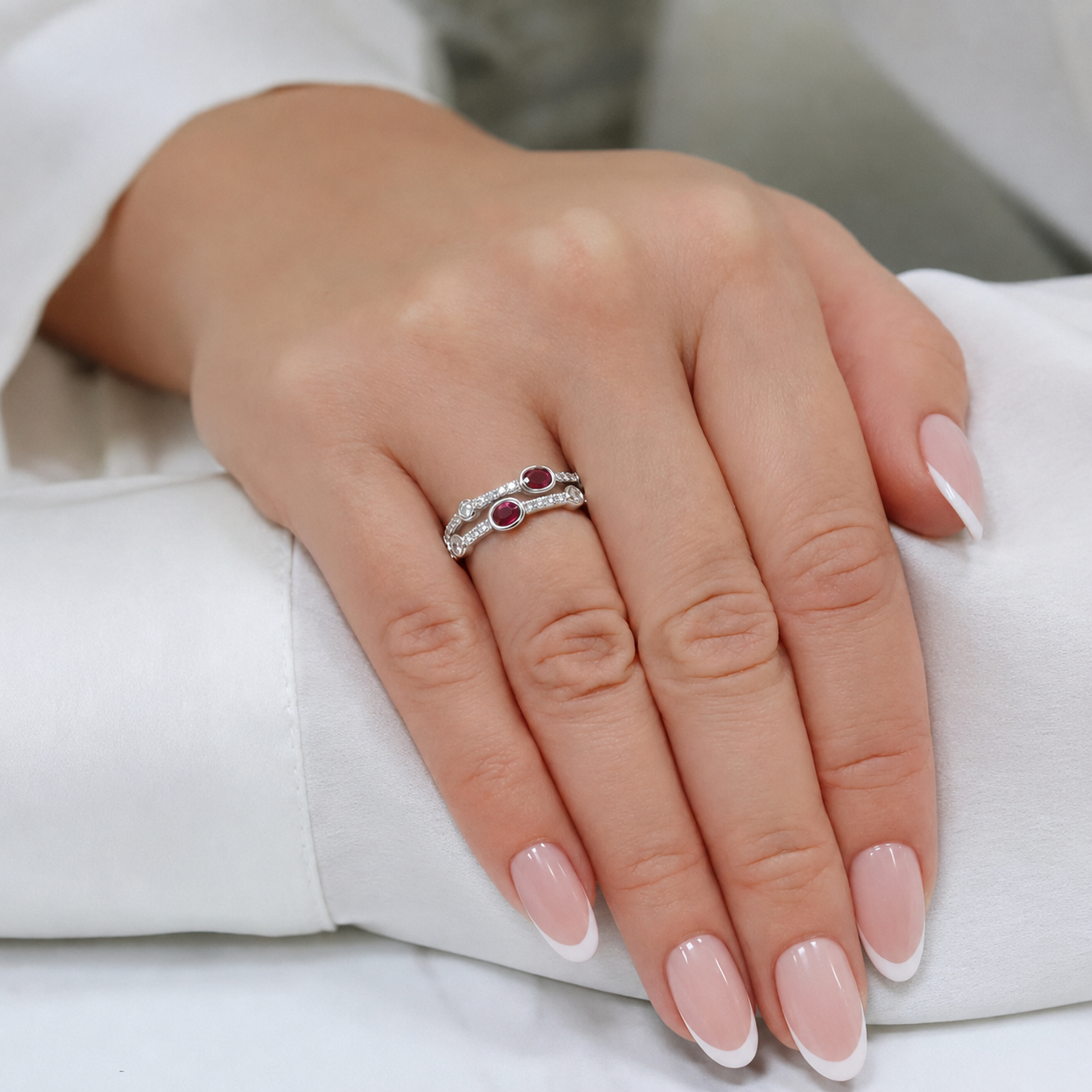 Platinum Cabochon Cut Ruby And Diamond Dress Ring