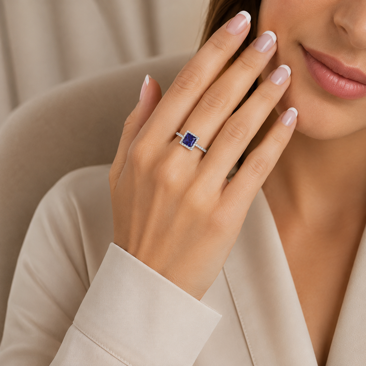 Platinum Square Cut Tanzanite And Diamond Cluster Ring