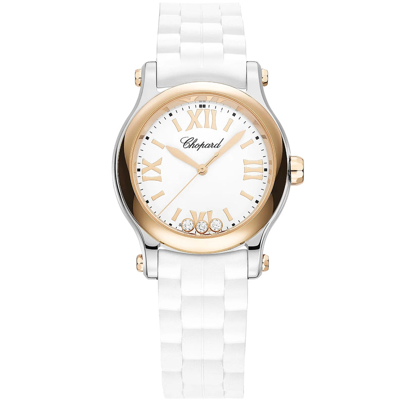 Happy Sport 30mm Steel & 18ct Rose Gold White Dial Ladies Watch