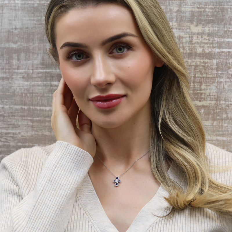 18ct White Gold Pear Shape Blue Sapphire & Round Brilliant Cut Diamond Pendant