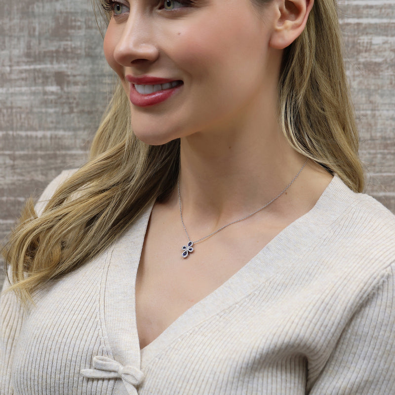 18ct White Gold Pear Shape Blue Sapphire & Round Brilliant Cut Diamond Pendant