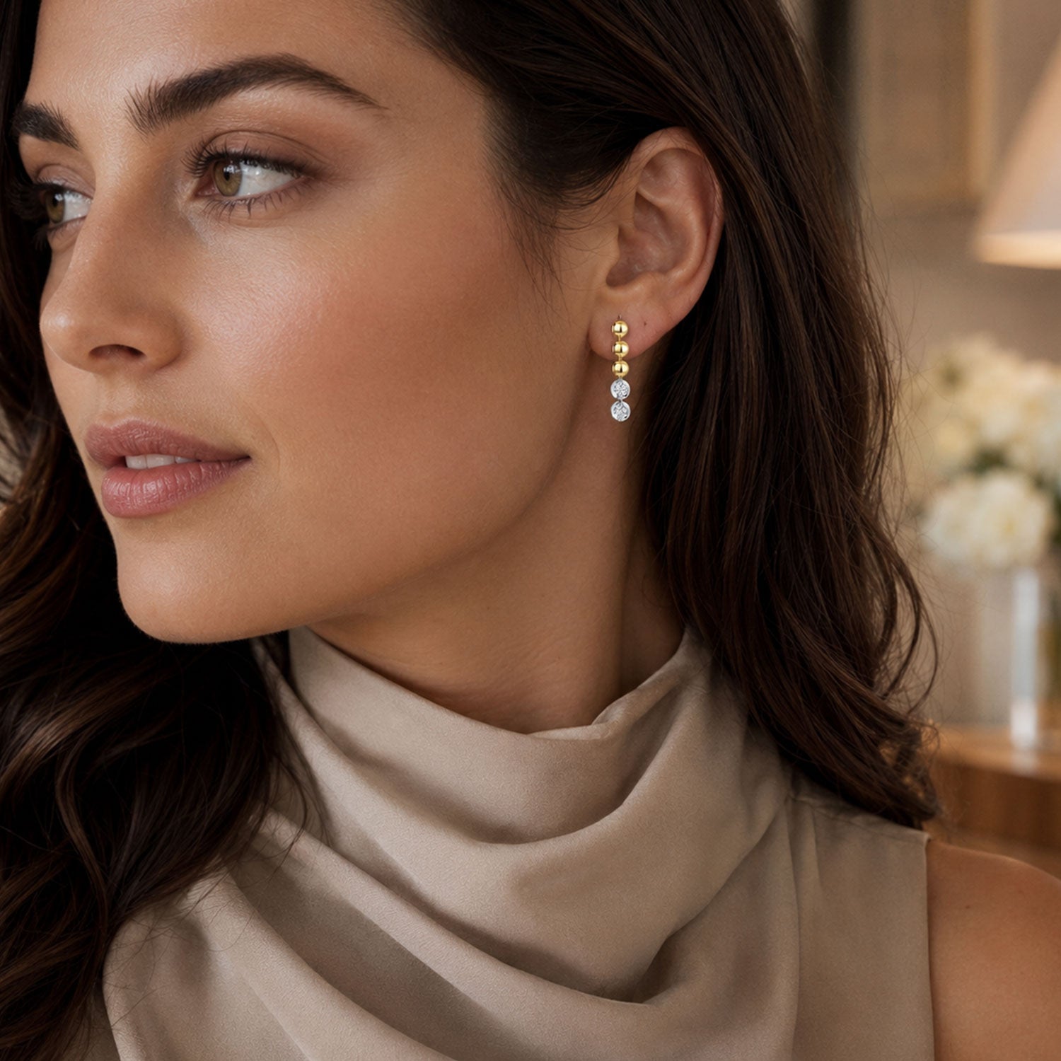 18ct Yellow Gold Disc And Round Brilliant Cut Diamond Drop Earrings