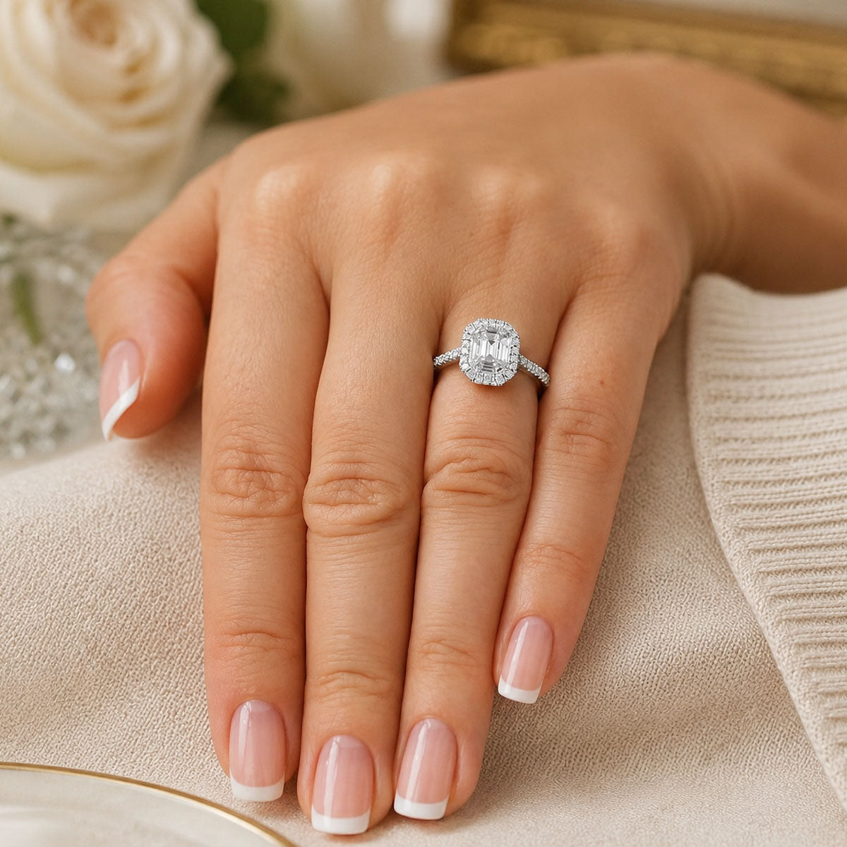 Platinum Emerald Cut & Double Diamond Surround Engagement Ring