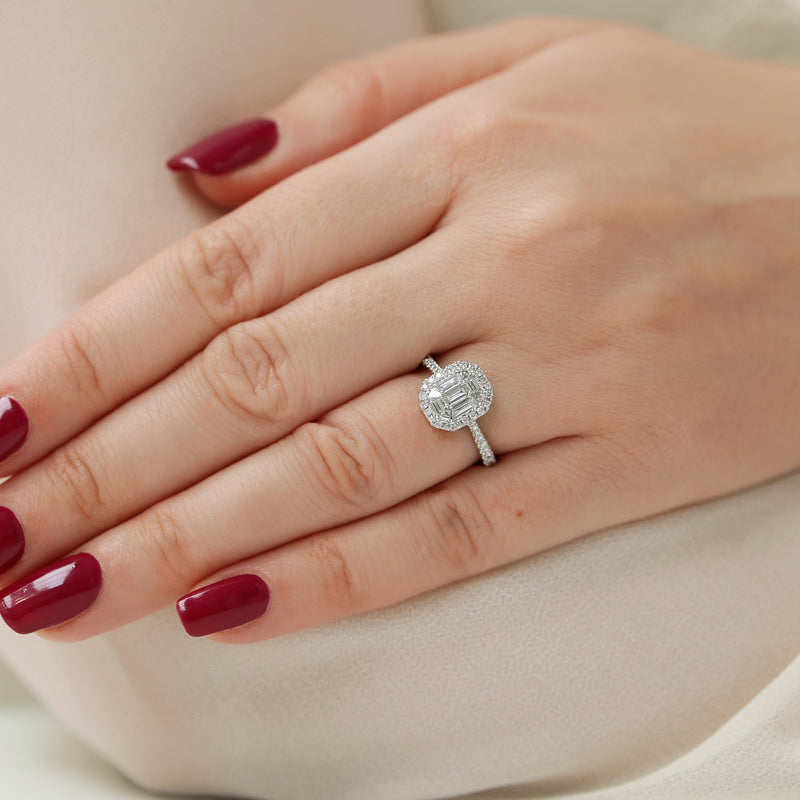 Berry's Platinum Emerald Cut & Double Diamond Surround Engagement Ring - Berry's Jewellers