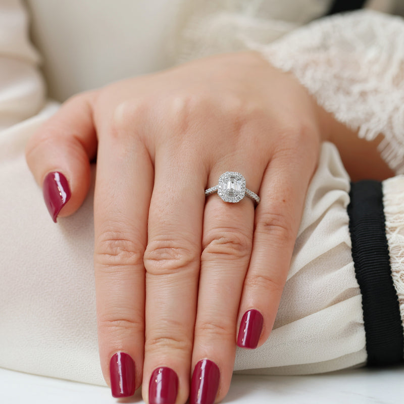 Berry's Platinum Emerald Cut & Double Diamond Surround Engagement Ring - Berry's Jewellers