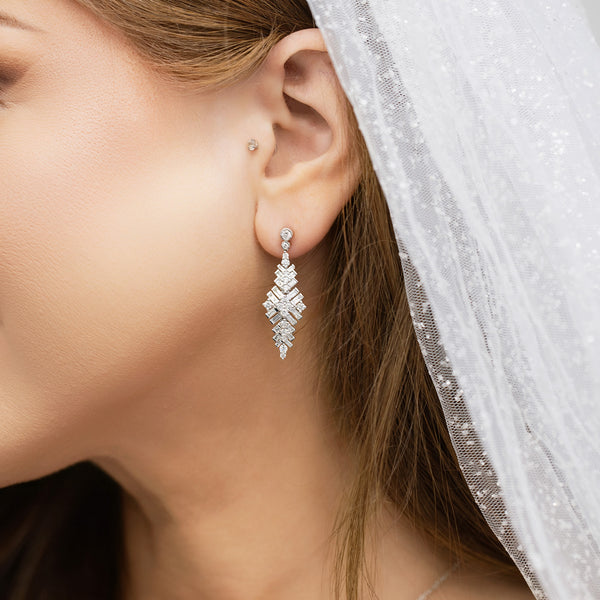 Berry's 18ct White Gold Round Brilliant Cut And Baguette Cut Diamond Vintage Style Drop Earrings - Berry's Jewellers