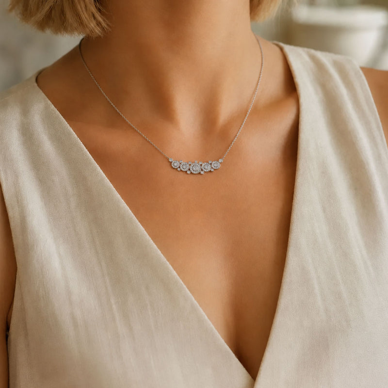 18ct White Gold Round Brilliant Halo Multi Rub-Over Scattered Diamond Horizontal Pendant