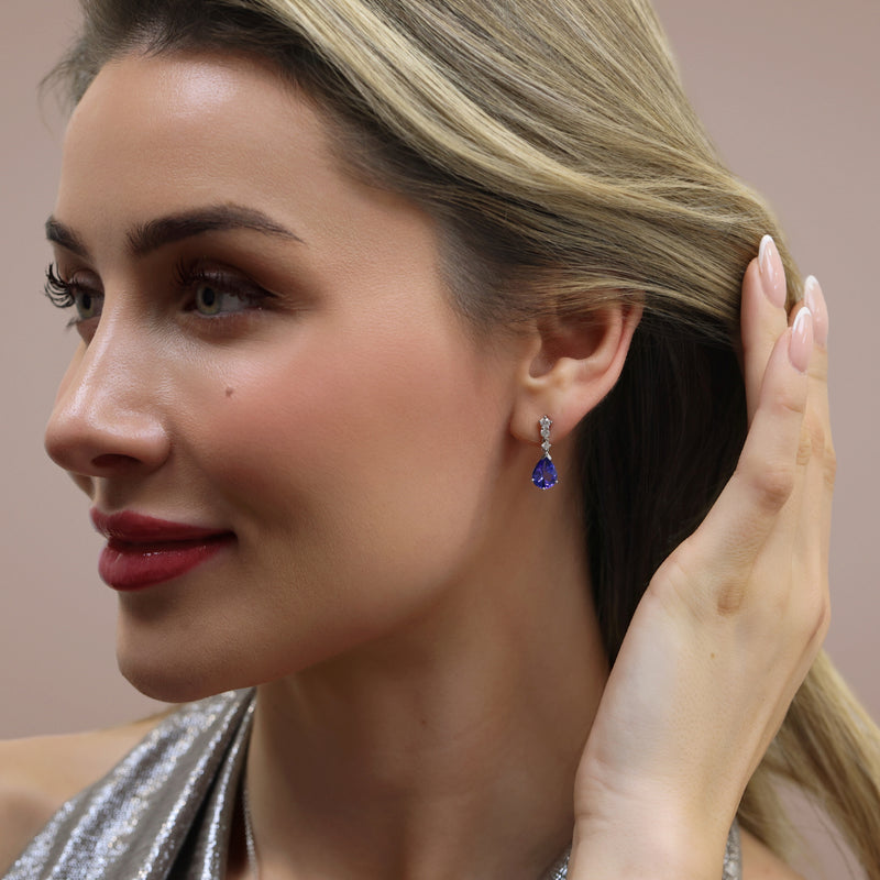 18ct White Gold Diamond And Pear Cut Tanzanite Drop Earrings