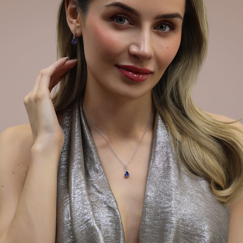 18ct White Gold Round Brilliant Cut Diamond And Pear Cut Tanzanite Pendant