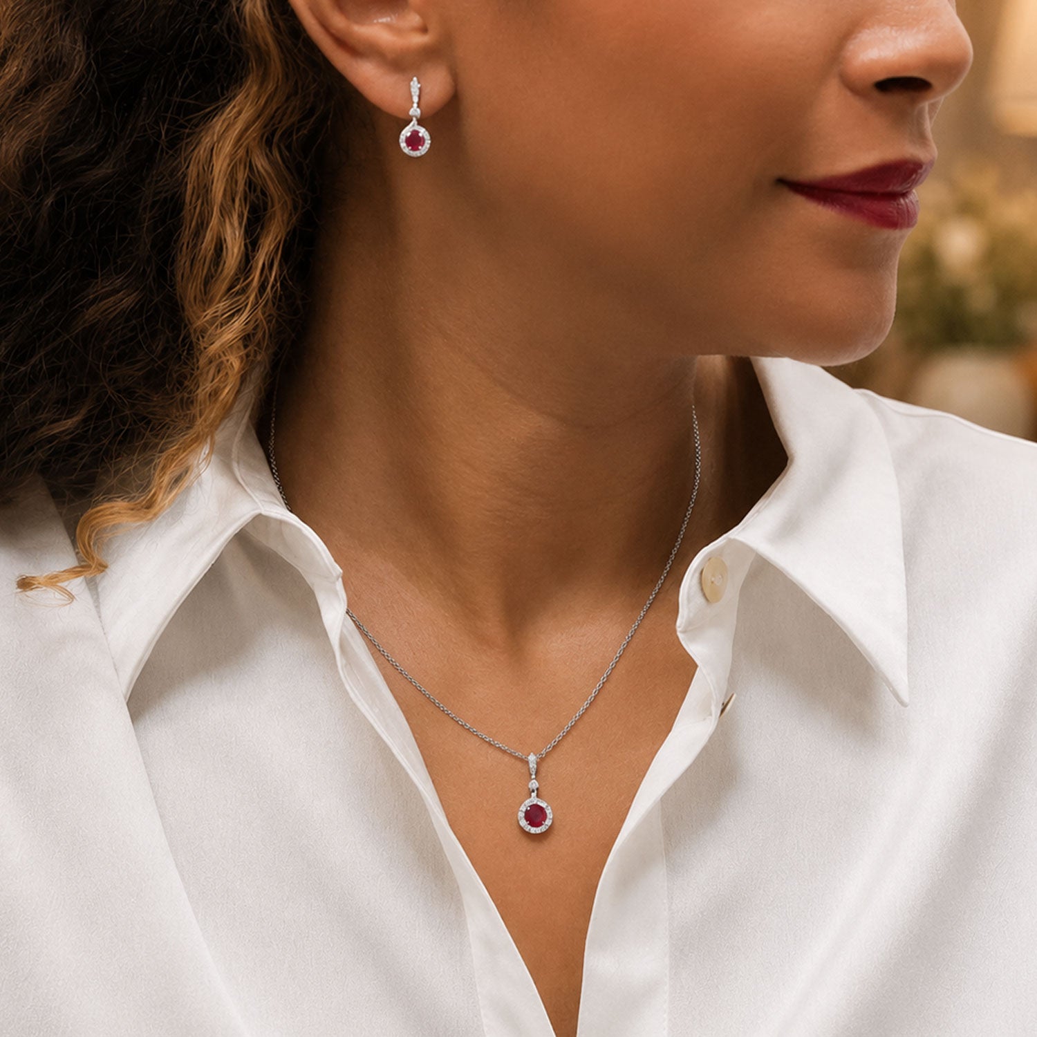 Berry's 18ct White Gold Round Brilliant Cut Ruby And Diamond Halo Drop Earrings - Berry's Jewellers