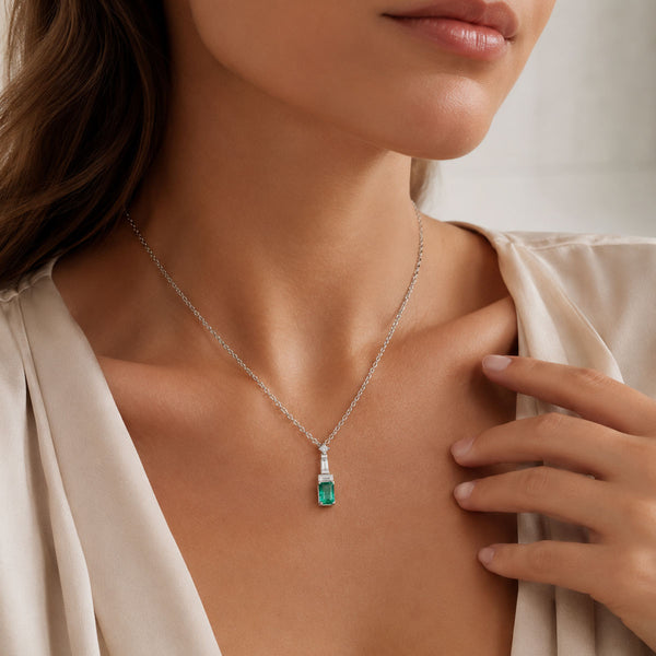 Berry's 18ct White Gold Emerald, Baguette And Princess Cut Diamond Pendant - Berry's Jewellers