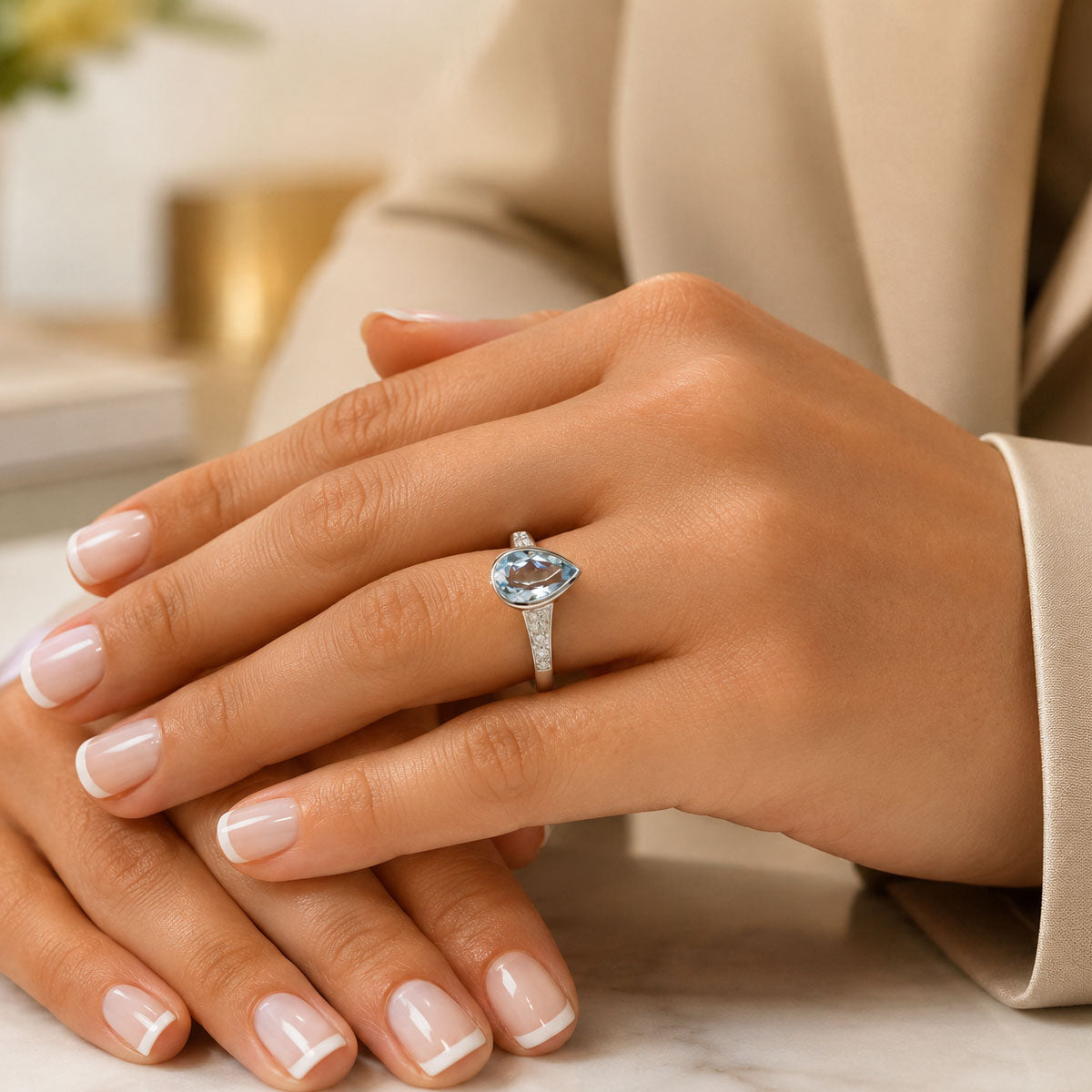 18ct White Gold Pear Cut Aquamarine Ring With Diamond Set Shoulders