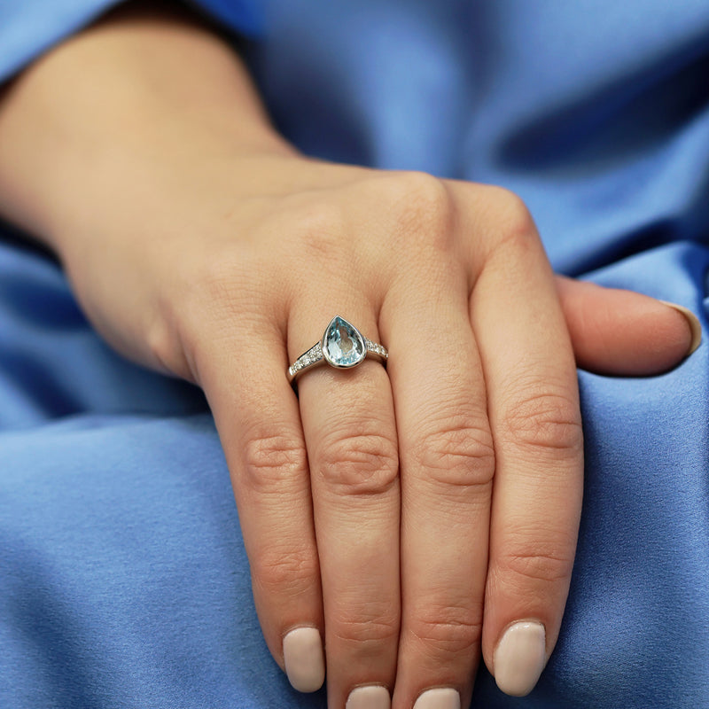 Berry's 18ct White Gold Pear Cut Aquamarine Ring With Diamond Set Shoulders - Berry's Jewellers