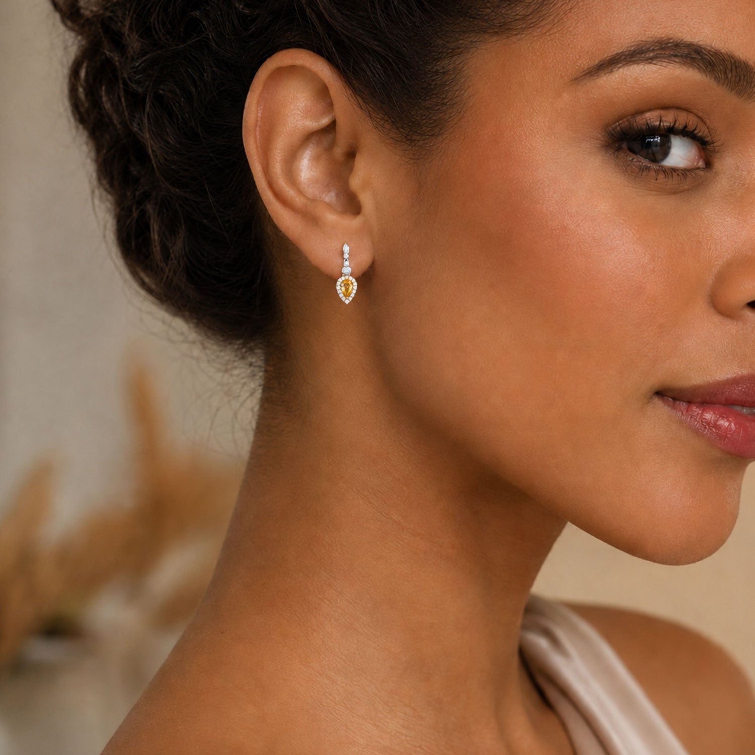 18ct White & Yellow Gold Pear Cut Yellow Sapphire Diamond Halo Drop Earrings