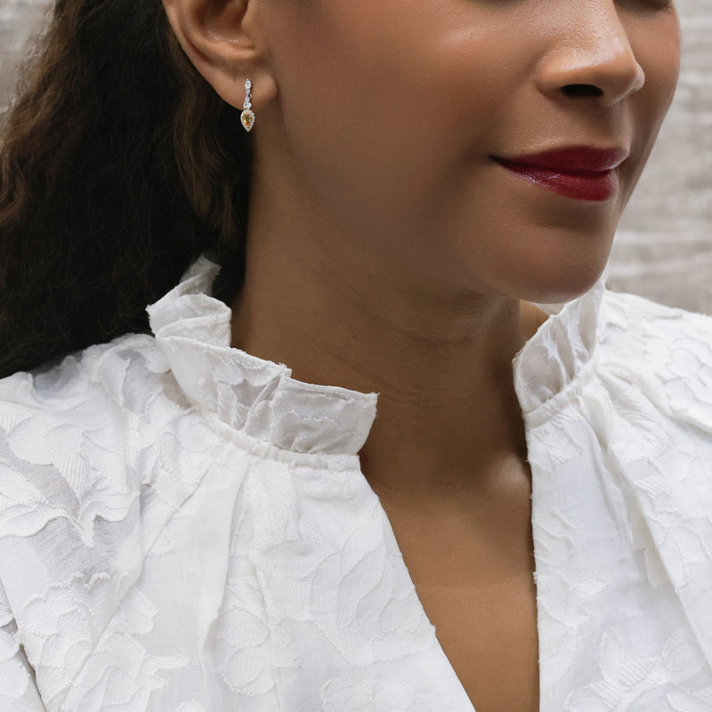 Berry's 18ct White & Yellow Gold Pear Cut Yellow Sapphire Diamond Halo Drop Earrings - Berry's Jewellers