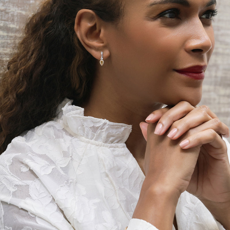 Berry's 18ct White & Yellow Gold Pear Cut Yellow Sapphire Diamond Halo Drop Earrings - Berry's Jewellers