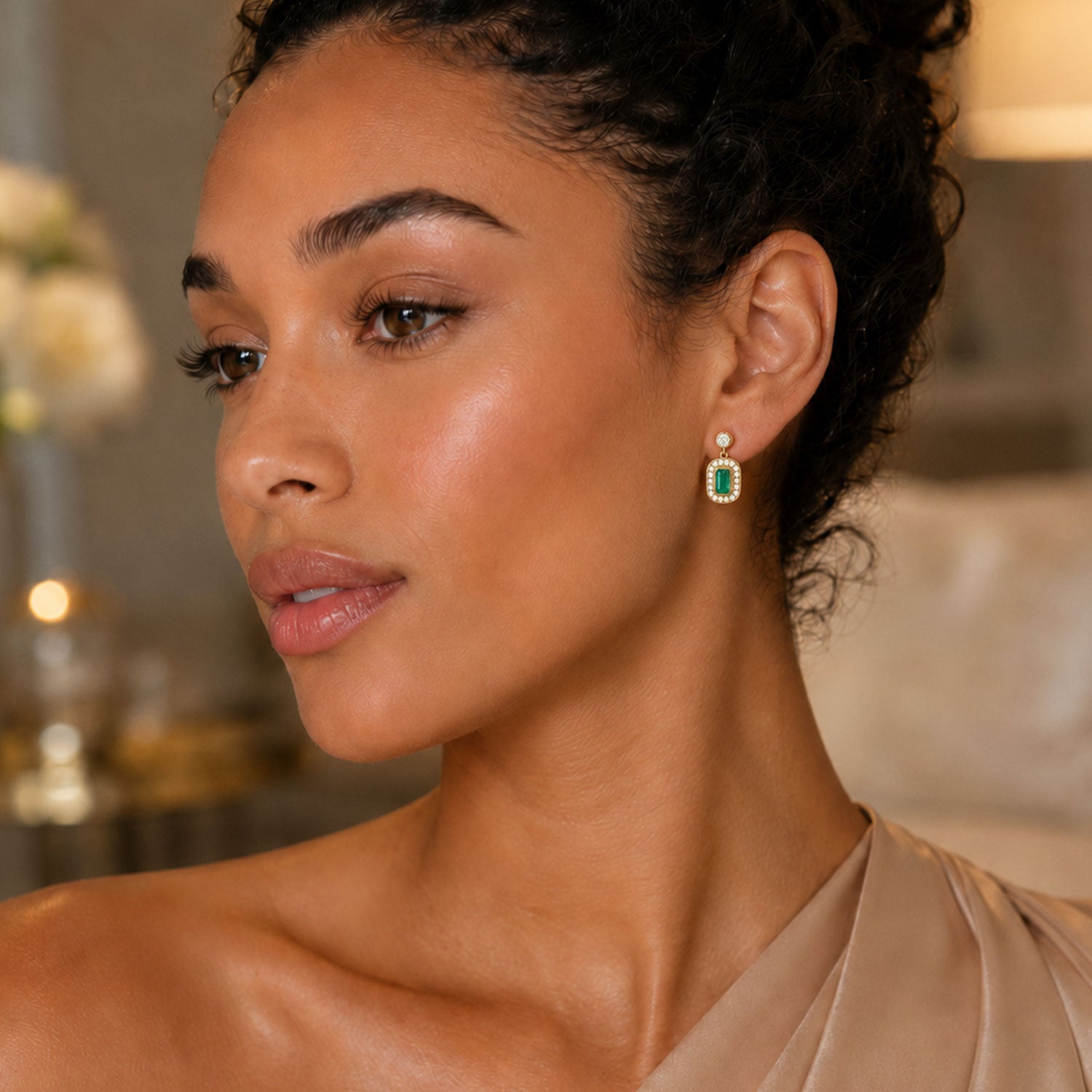 18ct Yellow Gold Emerald & Diamond Cluster Drop Earrings