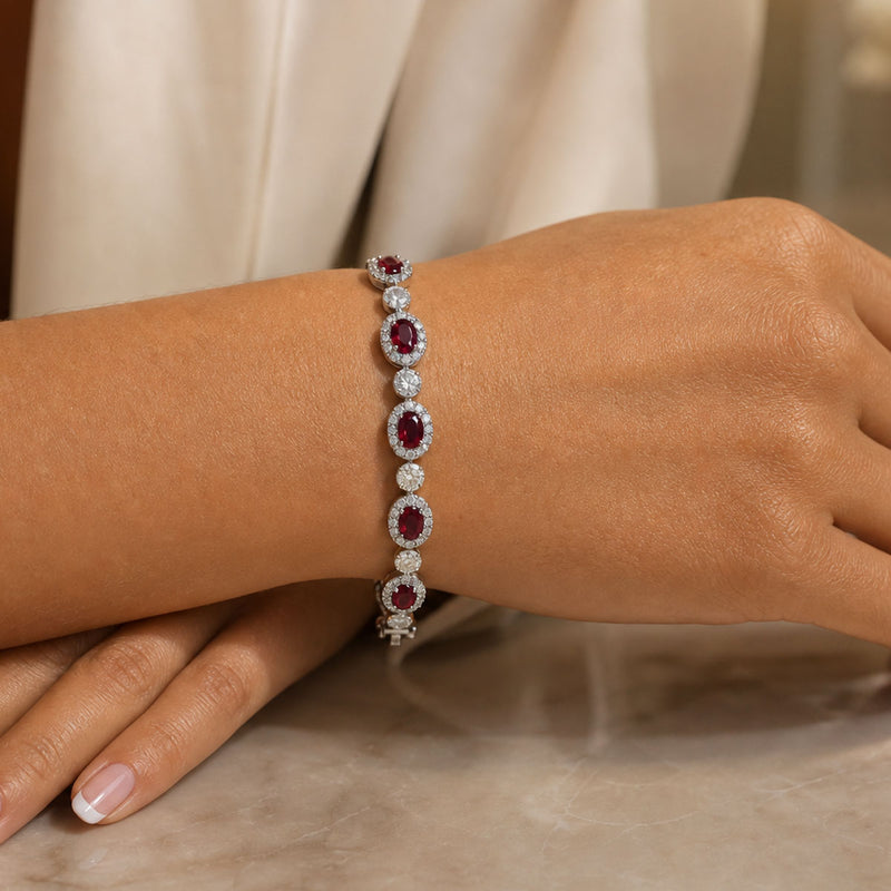 18ct White Gold Oval Ruby And Diamond Halo Bracelet