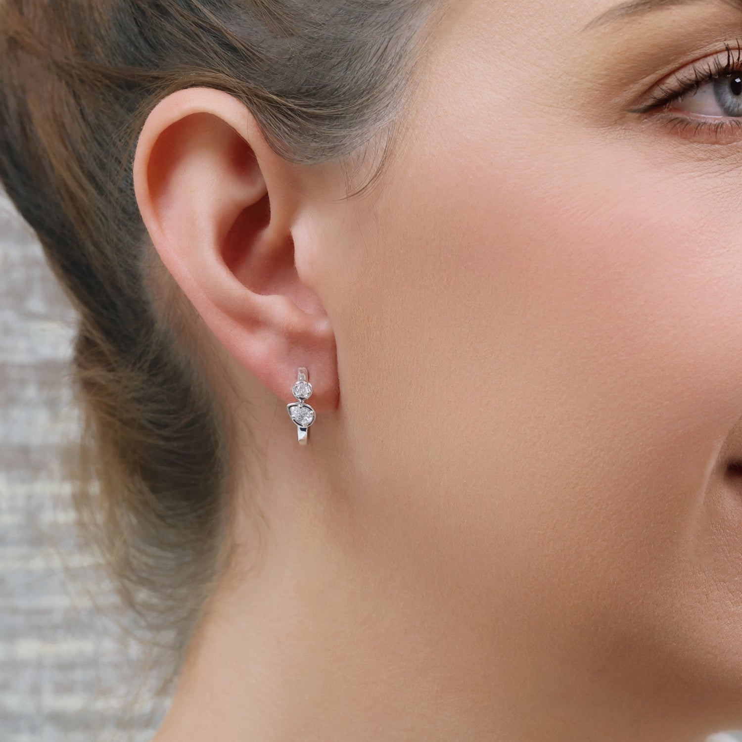 Berry's 18ct White Gold Pear And Round Brilliant Cut Diamond Rub Over Set Hoop Earrings - Berry's Jewellers