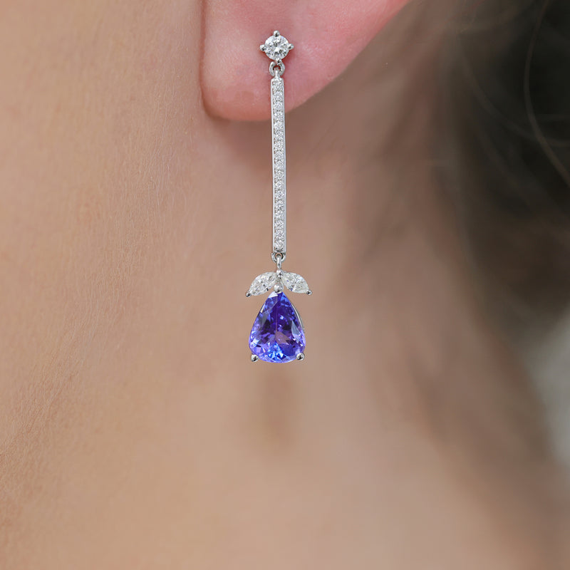 Berry's 18ct White Gold Pear Tanzanite And Diamond Long Drop Earrings - Berry's Jewellers
