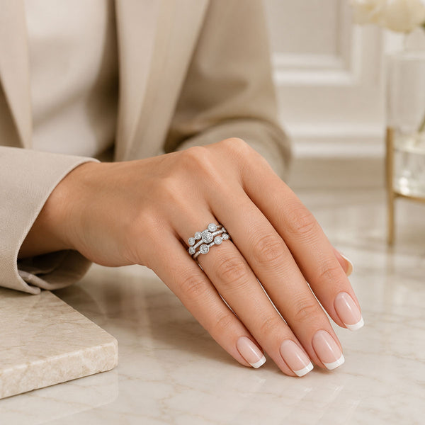 Platinum Rub Over Set Diamond Three Row Ring