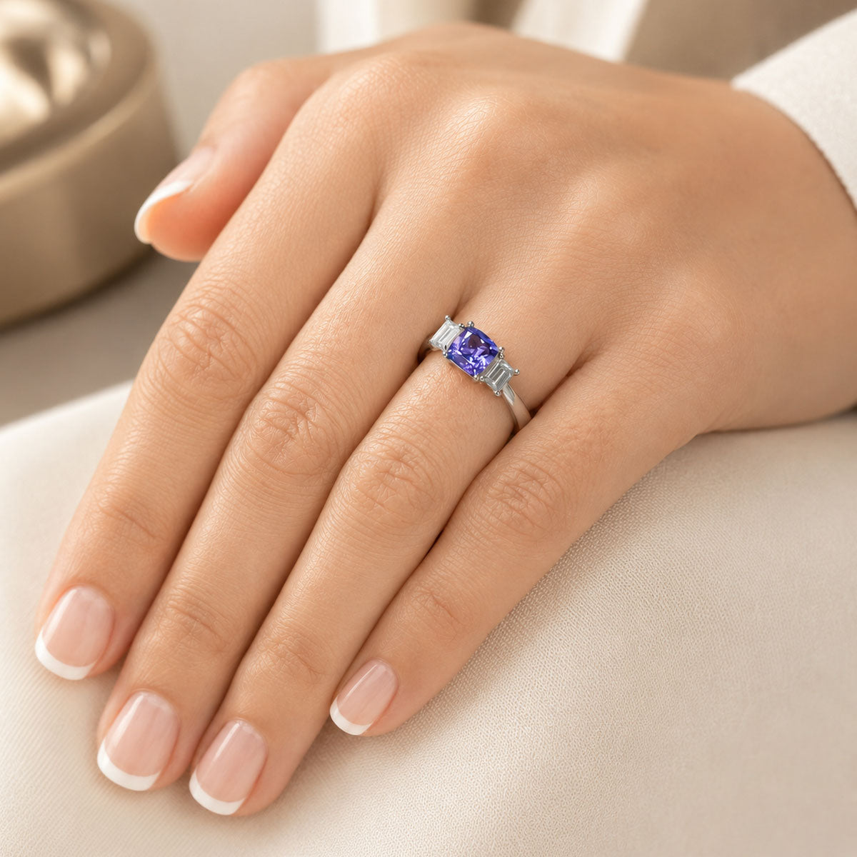 Platinum Cushion Cut Tanzanite And Baguette Cut Diamond Three Stone Dress Ring