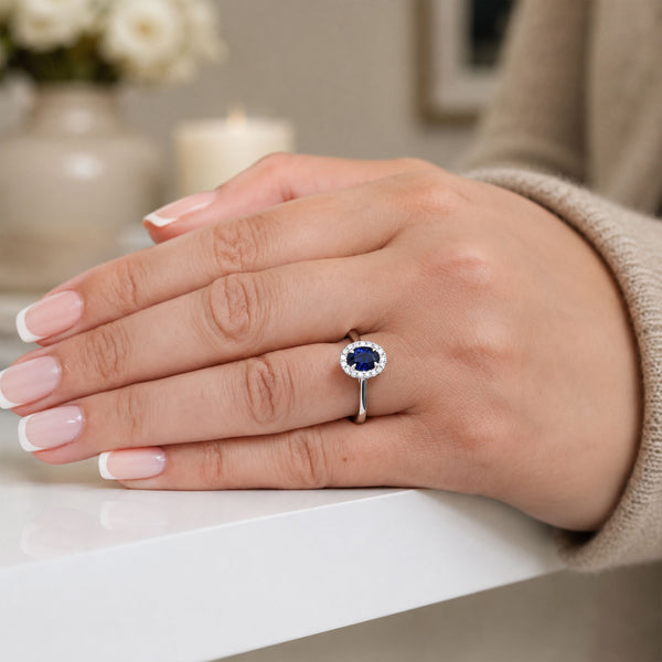Platinum Sapphire And Diamond Halo Ring