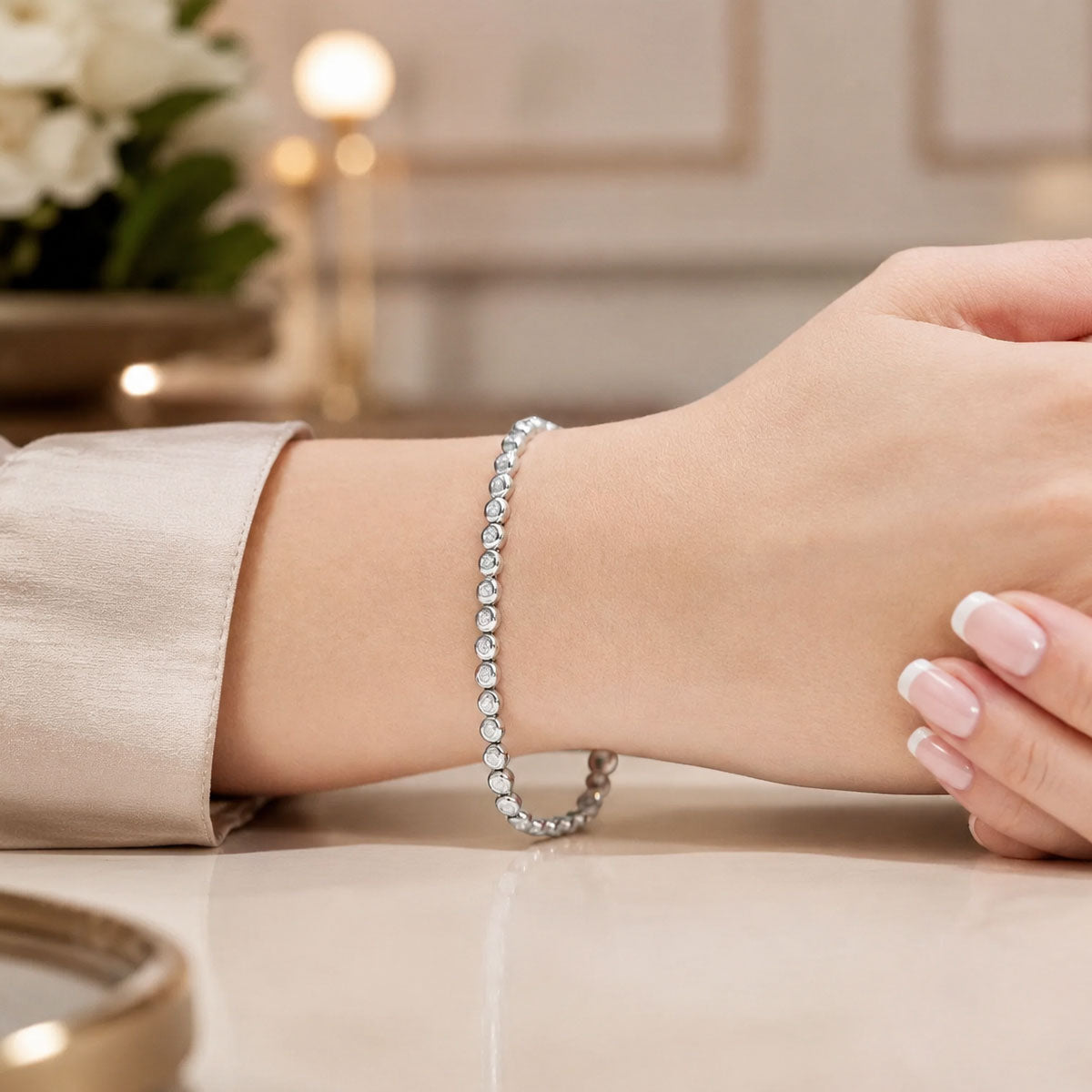 18ct White Gold Rub Over Set Diamond Tennis Bracelet
