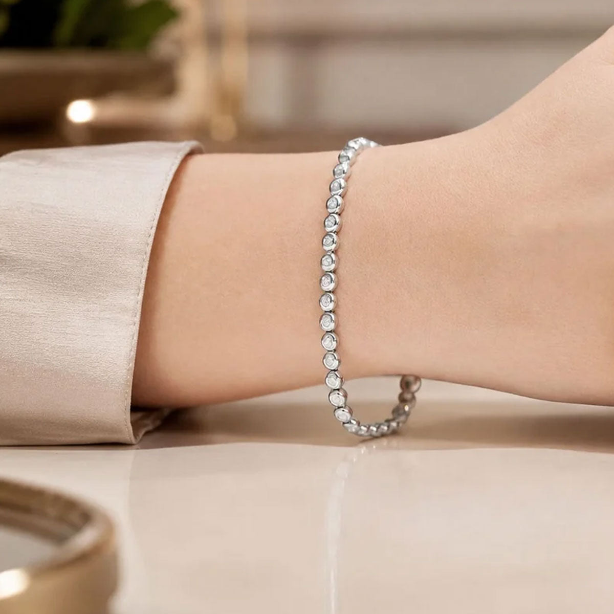 18ct White Gold Rub Over Set Diamond Tennis Bracelet