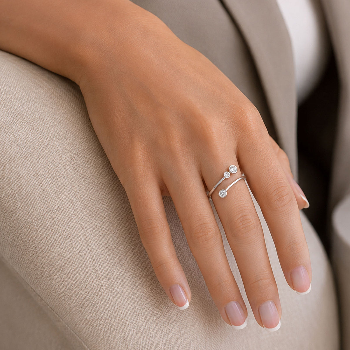 18ct White Gold Diamond Fancy Three Stone Rub Over Dress Ring
