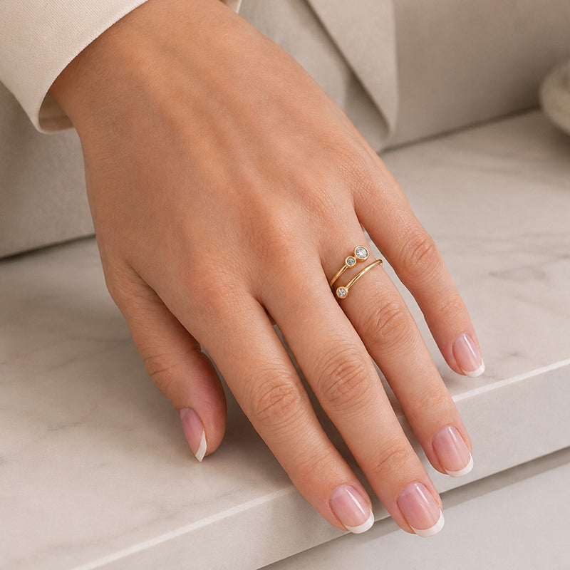 18ct Yellow Gold Diamond Fancy Three Stone Rub Over Dress Ring