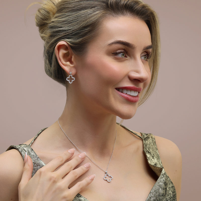 18ct White Gold Diamond Open Flower Drop Earrings