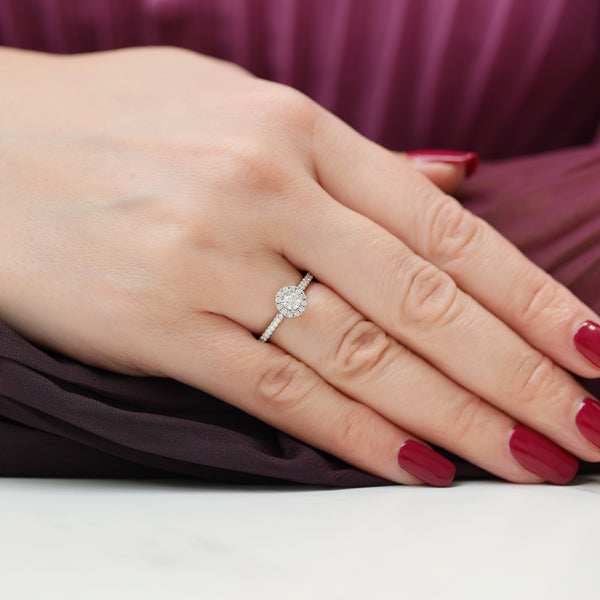 Platinum Round Brilliant Cut Diamond Halo Solitaire Ring With Diamond Shoulders