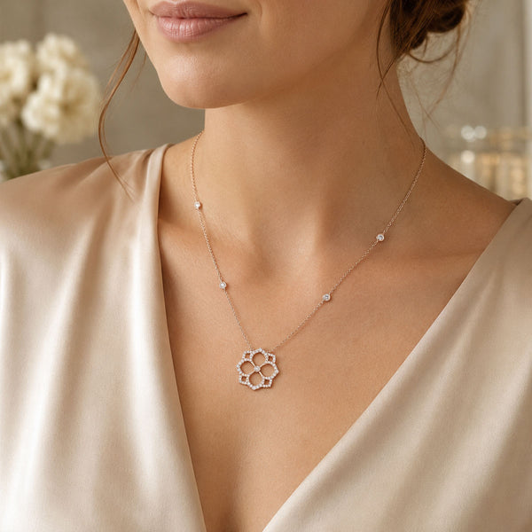 18ct Rose Gold Round Brilliant Cut Diamond Open Flower Pendant