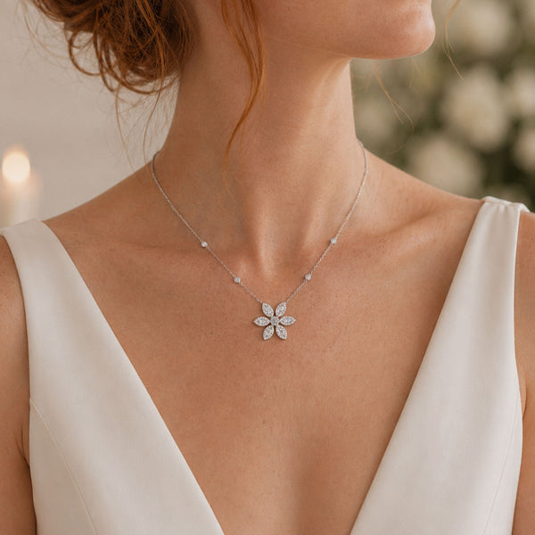 Berry's 18ct White Gold Marquise And Round Brilliant Cut Six Petal Flower Pendant - Berry's Jewellers